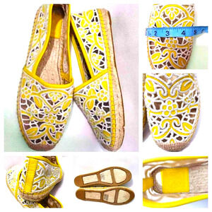 Tory Burch Womens Espadrille Flat Shoes Yellow Leather Slip On Cap Toe Floral 10